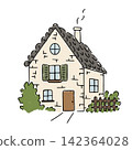 Cottage house drawing with smoke from chimney 142364028