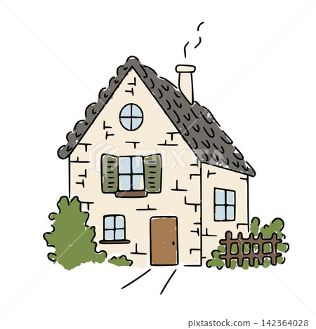 Cottage house drawing with smoke from chimney Cottage house drawing with smoke from chimney 142364028