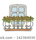 Window balcony with flowers decorating building facade 142364030