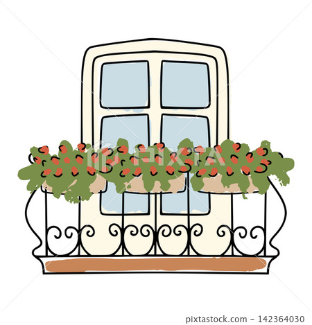 Window balcony with flowers decorating building facade Window balcony with flowers decorating building facade 142364030