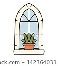 Arched window holding a potted plant for home decoration 142364031