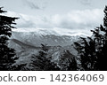 Black and white landscape of majestic Andes mountains with forest silhouette 142364069