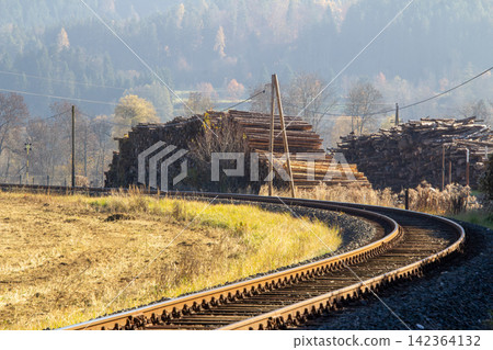 Massive stacks of harvested timber logs piled high in an industrial lumber yard. Massive stacks of harvested timber logs piled high in an industrial lumber yard. 142364132