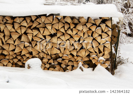 Neatly stacked split firewood covered with fresh snow in a winter outdoor setting. Neatly stacked split firewood covered with fresh snow in a winter outdoor setting. 142364182