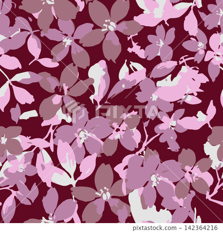 Seamless floral pattern featuring painted Mexican orange blossom flowers on dark background for fabric and wallpaper. 142364216