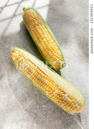 Fresh corn cobs on concrete background Fresh corn cobs on concrete background 142364953