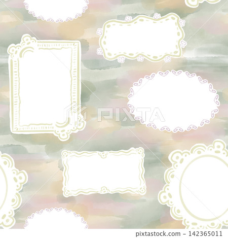 Seamless repeat with charming hand drawn borders on a soft green pastel watercolor backdrop. Decorative repeat design for scrapbooking, wallpaper or craft — with elegant blank labels for text. Seamless repeat with charming hand drawn borders on a soft green pastel watercolor backdrop. Decorative repeat design for scrapbooking, wallpaper or craft — with elegant blank labels for text. 142365011
