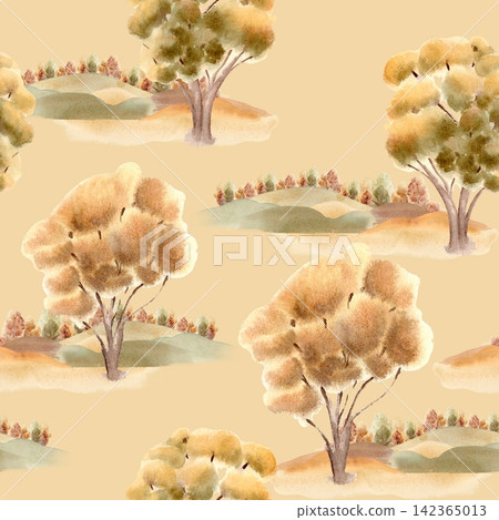 Seamless watercolor pattern of landscapes with golden trees and rolling hills on beige background. Autumn countryside repeat hand drawn in warm tones. Endless design for seasonal packaging or textile. Seamless watercolor pattern of landscapes with golden trees and rolling hills on beige background. Autumn countryside repeat hand drawn in warm tones. Endless design for seasonal packaging or textile. 142365013