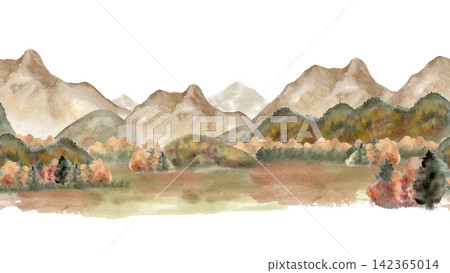 Autumn mountain landscape with forest slopes and meadow watercolor seamless border. Fall season nature scenery repeat in earthy tones. Panorama rocky scene endless design for wall art or banner. Autumn mountain landscape with forest slopes and meadow watercolor seamless border. Fall season nature scenery repeat in earthy tones. Panorama rocky scene endless design for wall art or banner. 142365014
