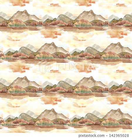 Watercolor autumn mountain landscape seamless pattern in earthy tones. Hand painted hills with fall trees and sunset sky. Nature scene repeat beige background for fabric, wallpaper and textile print. Watercolor autumn mountain landscape seamless pattern in earthy tones. Hand painted hills with fall trees and sunset sky. Nature scene repeat beige background for fabric, wallpaper and textile print. 142365028