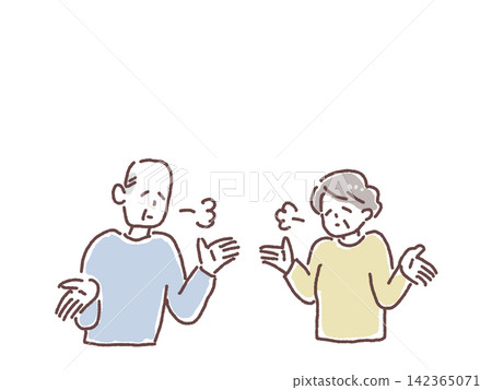 An elderly man and woman raise their hands in a gesture of resignation, as if saying, "Oh dear, what a pain." An elderly man and woman raise their hands in a gesture of resignation, as if saying, "Oh dear, what a pain." 142365071