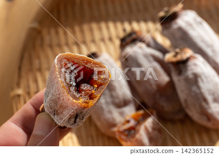 一個裹著白色粉末的乾柿子(koro-gaki)放在篩子上,旁邊是另一個切成兩半的乾柿子。 (柿霜,十二月) 一個裹著白色粉末的乾柿子(koro-gaki)放在篩子上,旁邊是另一個切成兩半的乾柿子。 (柿霜,十二月) 142365152