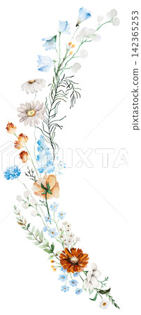 Watercolor bouquet with blue, ivory and orange wildflowers, rustic isolated illustration for stationery Watercolor bouquet with blue, ivory and orange wildflowers, rustic isolated illustration for stationery 142365253