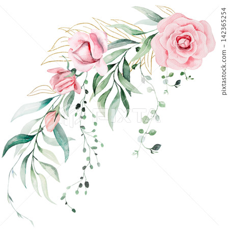 Floral bouquet with watercolor pink roses and green leaves, illustration for wedding stationery Floral bouquet with watercolor pink roses and green leaves, illustration for wedding stationery 142365254
