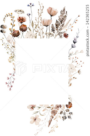 Floral frame made with watercolor brown wildflowers and leaves, autumn wedding illustration Floral frame made with watercolor brown wildflowers and leaves, autumn wedding illustration 142365255