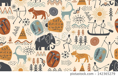 Primitive Tribal Seamless Pattern with Animals Primitive Tribal Seamless Pattern with Animals 142365279