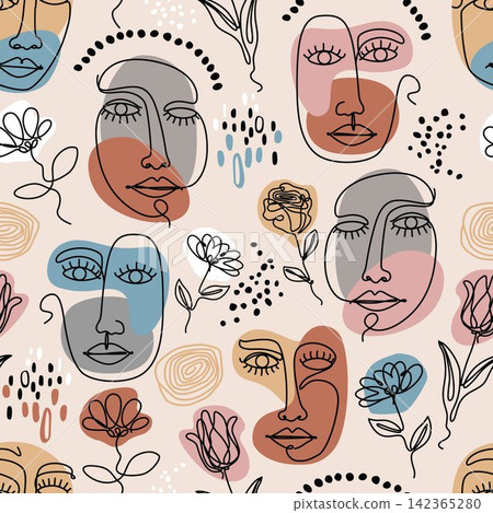 Abstract Face Line Art Seamless Pattern Background 142365280