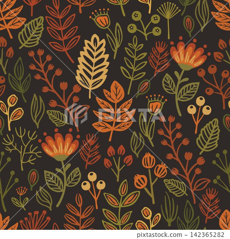 Autumn Floral Seamless Pattern Dark Background Autumn Floral Seamless Pattern Dark Background 142365282