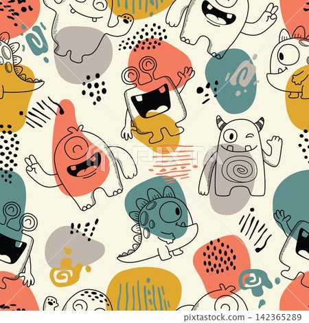 Cute Monster Doodle Seamless Pattern Cartoon Background Cute Monster Doodle Seamless Pattern Cartoon Background 142365289