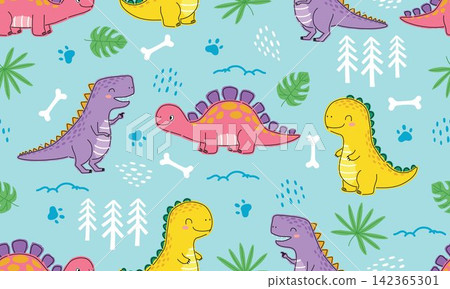 Cute Dinosaur Seamless Pattern Background Cute Dinosaur Seamless Pattern Background 142365301