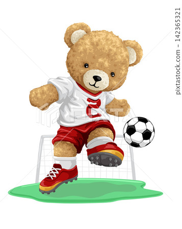 Cute Teddy Bear Playing Soccer Goal Kick Illustration 142365321