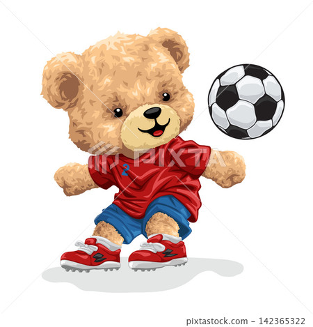 Cute Teddy Bear Playing Soccer Cartoon Illustration 142365322