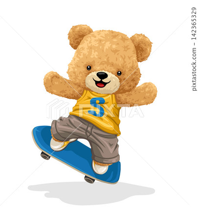 Cute Teddy Bear Skateboarding Cartoon Illustration Cute Teddy Bear Skateboarding Cartoon Illustration 142365329