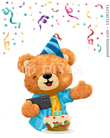 Cute Teddy Bear Taking Birthday Selfie Illustration Cute Teddy Bear Taking Birthday Selfie Illustration 142365341