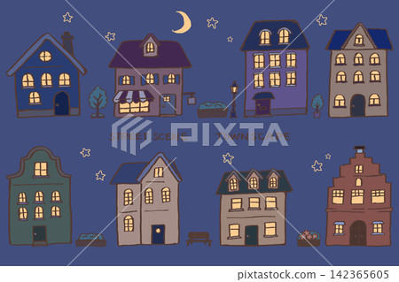 A European-style townscape under the moonlight | Houses, buildings, shops, crescent moon, stars, streetlights A European-style townscape under the moonlight | Houses, buildings, shops, crescent moon, stars, streetlights 142365605