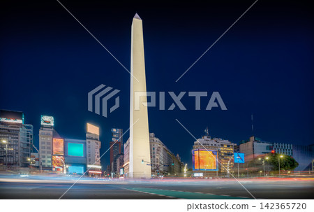 Buenos Aires Obelisk Blue Hour Traffic Light Trails Buenos Aires Obelisk Blue Hour Traffic Light Trails 142365720