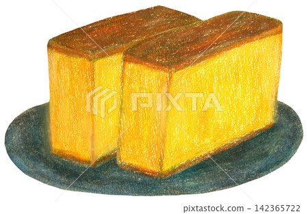 An illustration of castella cake served on a plate, painted in oil pastel. An illustration of castella cake served on a plate, painted in oil pastel. 142365722