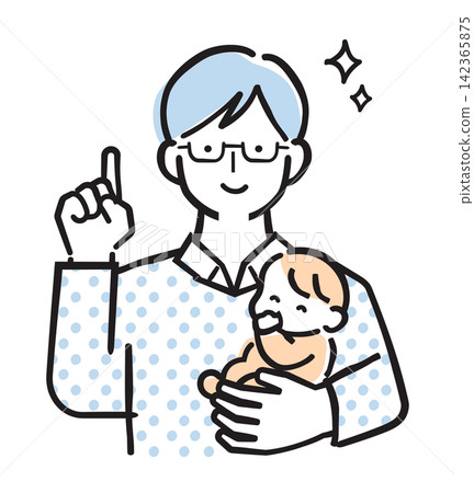 一個男人抱著嬰兒指著什麼——他是爸爸。 [簡單] 142365875