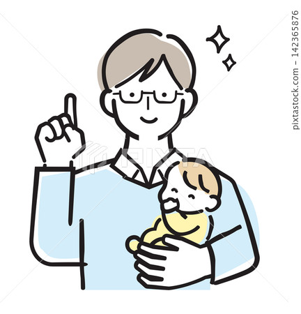 A man/dad holding a baby and pointing [Pastel colors] 142365876