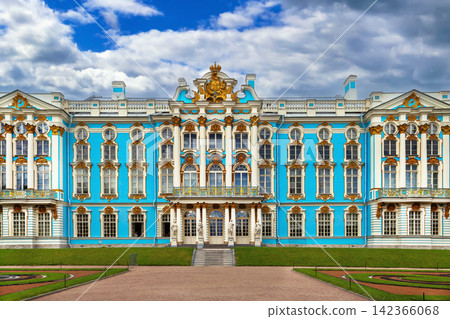 Park facade of Catherine Palace in Tsarskoye Selo, Russia. Wide angle view under a clear sunny summer sky Park facade of Catherine Palace in Tsarskoye Selo, Russia. Wide angle view under a clear sunny summer sky 142366068