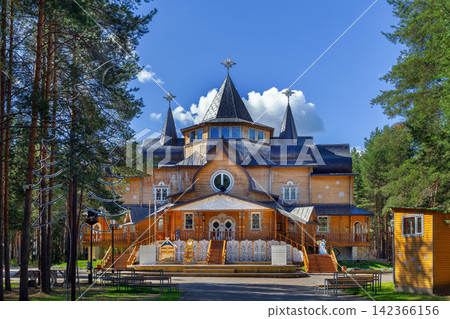 Residence of Ded Moroz in Veliky Ustyug, Russia, scenic view. Traditional Russian wooden palace folk architecture Residence of Ded Moroz in Veliky Ustyug, Russia, scenic view. Traditional Russian wooden palace folk architecture 142366156