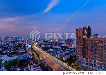 twilight scene cityscape view of capital city of Thailand, Bangkok from rooftop of the building twilight scene cityscape view of capital city of Thailand, Bangkok from rooftop of the building 142366448