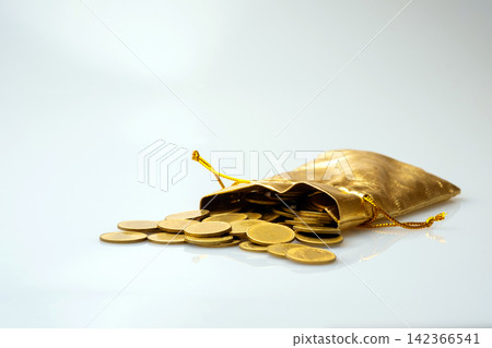 old & used gold coins stack up with small golden purse in white background old & used gold coins stack up with small golden purse in white background 142366541