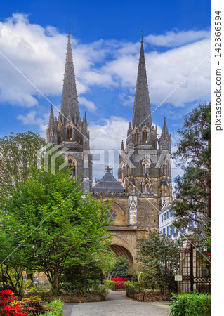 Bayonne Cathedral facade viewed from garden in France. Eye level exterior view. Green plants, sunny daylight, blue sky Bayonne Cathedral facade viewed from garden in France. Eye level exterior view. Green plants, sunny daylight, blue sky 142366594