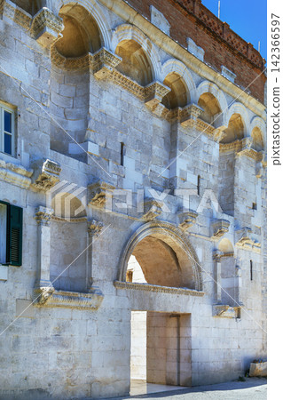 Golden Gate ancient roman gate in Split Croatia front view. Stone walls under bright sunlight 142366597