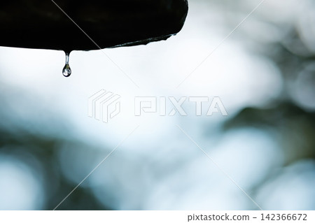 photo of moving water droplet drop slowly from a black wet rock after heavy rain with blurred green trees in background photo of moving water droplet drop slowly from a black wet rock after heavy rain with blurred green trees in background 142366672