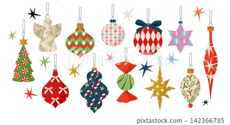 Vintage Christmas tree ornaments vector set holiday decorations isolated on white background 142366785
