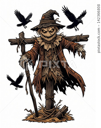 Sinister straw scarecrow standing guard over harvest fields with flying black crows Sinister straw scarecrow standing guard over harvest fields with flying black crows 142366808