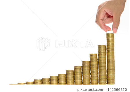 a hand of someone put a golden coin on the top of growth up graph shape stacking coins with concept about economic profit in white background a hand of someone put a golden coin on the top of growth up graph shape stacking coins with concept about economic profit in white background 142366850