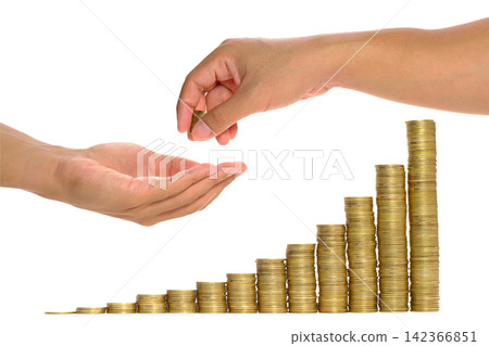 hand of a rich people giving some gold coins to another person hand in white background above the golden coins stacking in a s shape of growth up graph in white background hand of a rich people giving some gold coins to another person hand in white background above the golden coins stacking in a s shape of growth up graph in white background 142366851