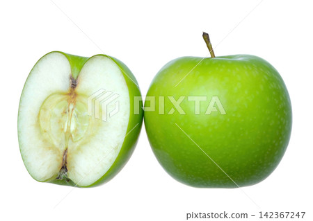 a whole fresh green apple with another half in white background a whole fresh green apple with another half in white background 142367247