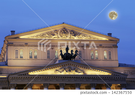 Bolshoi Theatre (Large, Great or Grand Theatre, also spelled Bolshoy) at night, with the super moon, Moscow, Russia Bolshoi Theatre (Large, Great or Grand Theatre, also spelled Bolshoy) at night, with the super moon, Moscow, Russia 142367550