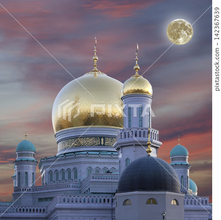 Moscow Cathedral Mosque, with the super moon, Russia -- the main mosque in Moscow, new landmark Moscow Cathedral Mosque, with the super moon, Russia -- the main mosque in Moscow, new landmark 142367639