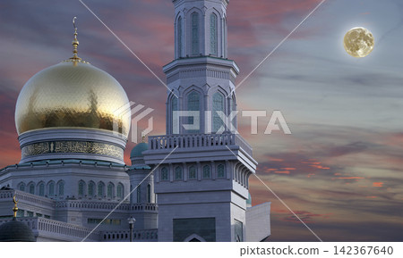 Moscow Cathedral Mosque, with the super moon, Russia -- the main mosque in Moscow, new landmark Moscow Cathedral Mosque, with the super moon, Russia -- the main mosque in Moscow, new landmark 142367640