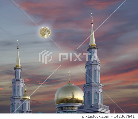 Moscow Cathedral Mosque, with the super moon, Russia -- the main mosque in Moscow, new landmark Moscow Cathedral Mosque, with the super moon, Russia -- the main mosque in Moscow, new landmark 142367641
