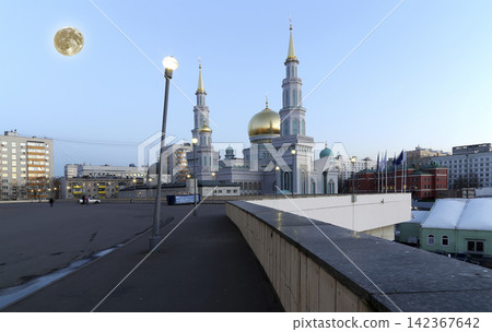 Moscow Cathedral Mosque, with the super moon, Russia -- the main mosque in Moscow, new landmark Moscow Cathedral Mosque, with the super moon, Russia -- the main mosque in Moscow, new landmark 142367642